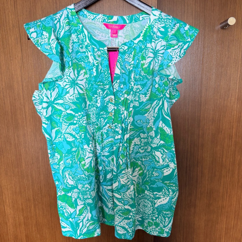 NWT Lilly Pulitzer Women's M Golda Top Botanical Green Ruffle Sleeve Blouse